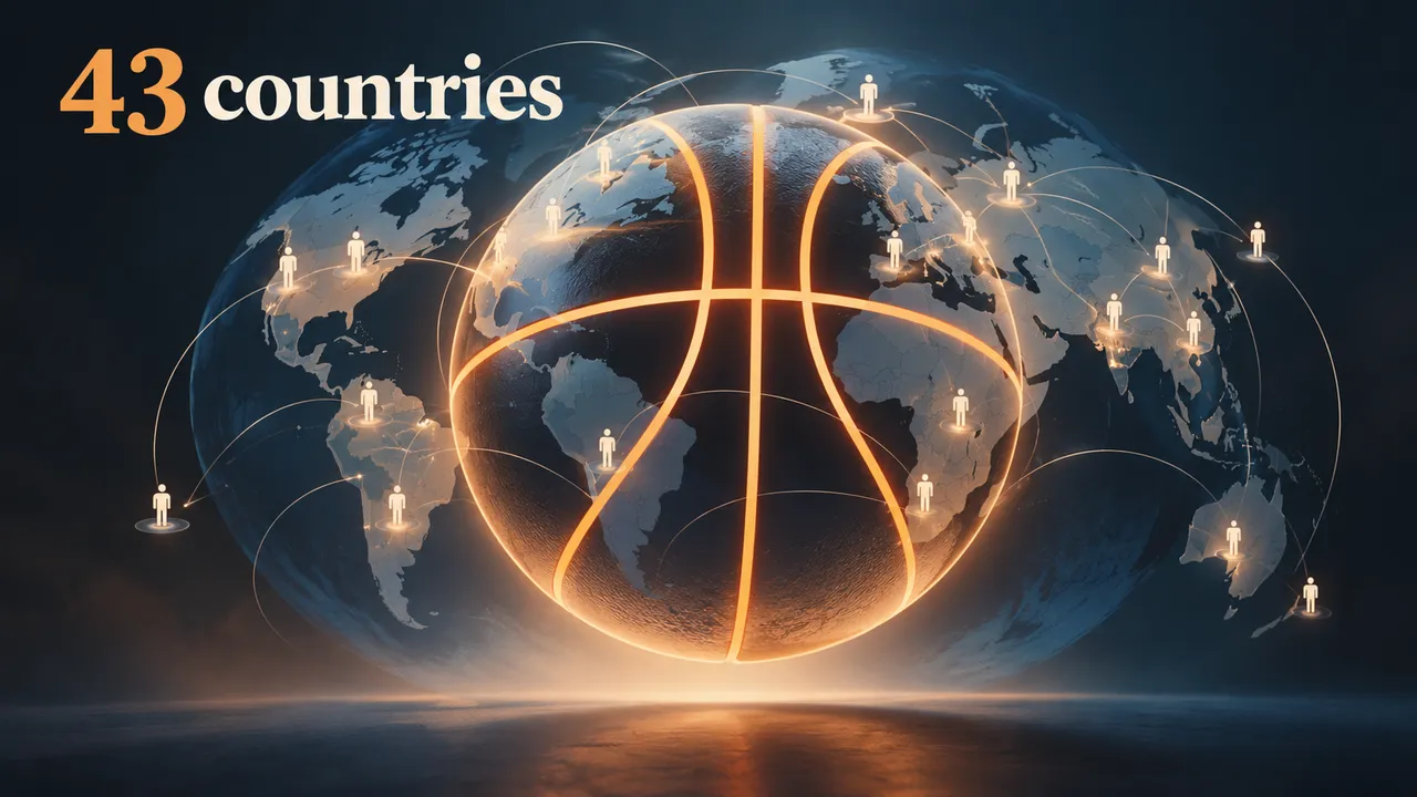 Conceptual basketball over a world map illustration with small player silhouettes across several regions and the visible headline “43 countries”; no flags or names.