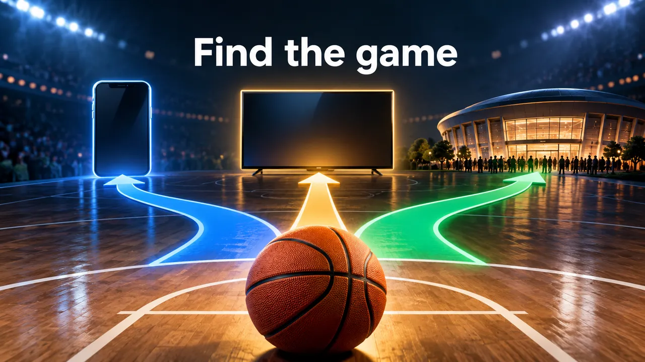 Conceptual basketball-court scene with blue, yellow and green routes from a ball toward a phone, television and arena icon, beneath the visible headline “Find the game.”