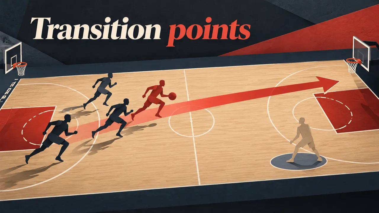 The headline ‘Transition points’ sits above an abstract court where silhouetted players follow a red fast-break lane toward the rim, with a neutral wing marker near the arc.