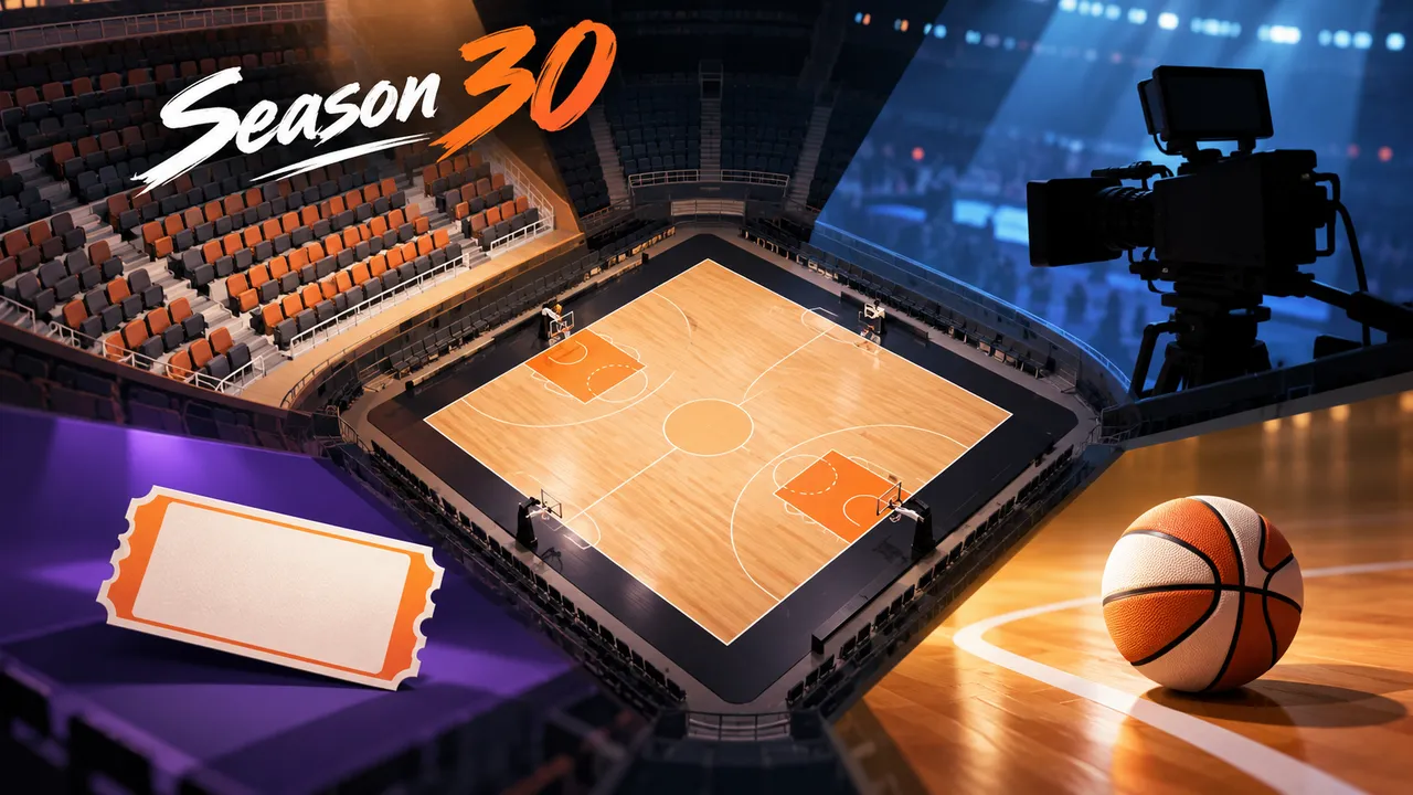 A conceptual collage combines an empty arena court, a broadcast camera, a blank ticket and a basketball beneath the visible words Season 30; it is not a photograph of a particular game.