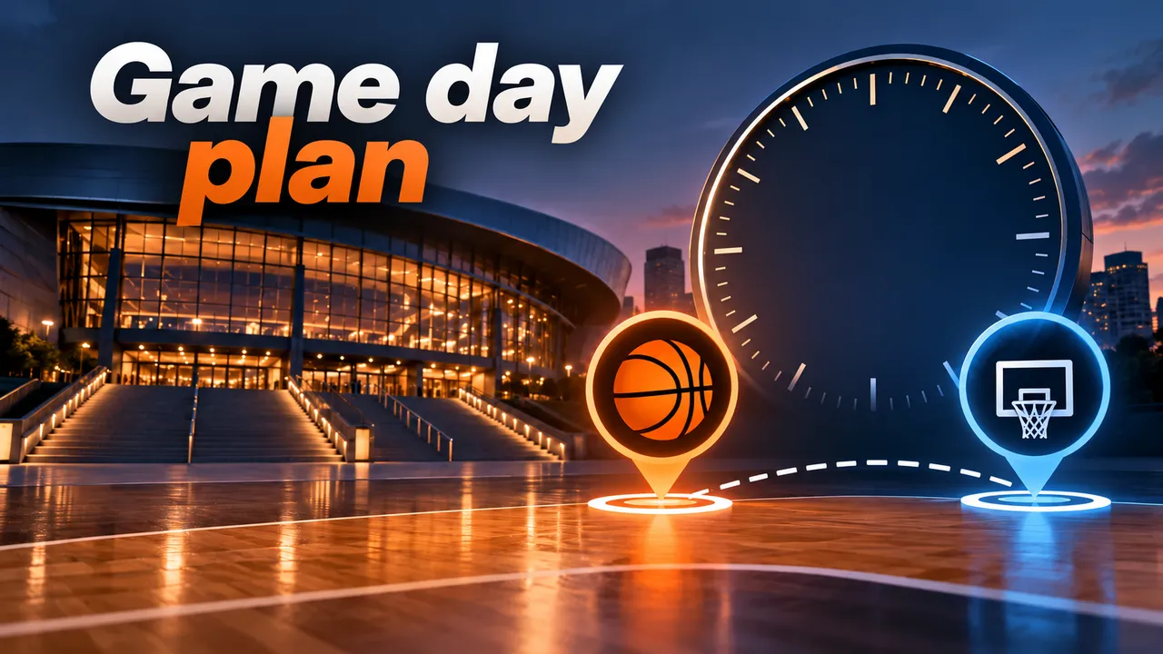 The headline Game day plan appears above a generic arena, basketball and hoop location pins, and a decorative clock face with no hands or displayed time.