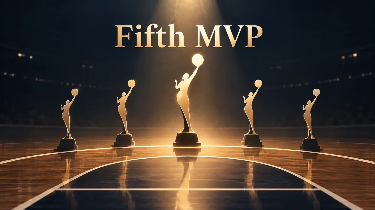Five generic golden basketball statuettes stand on a court beneath the large words Fifth MVP, with the central statuette lit most brightly.