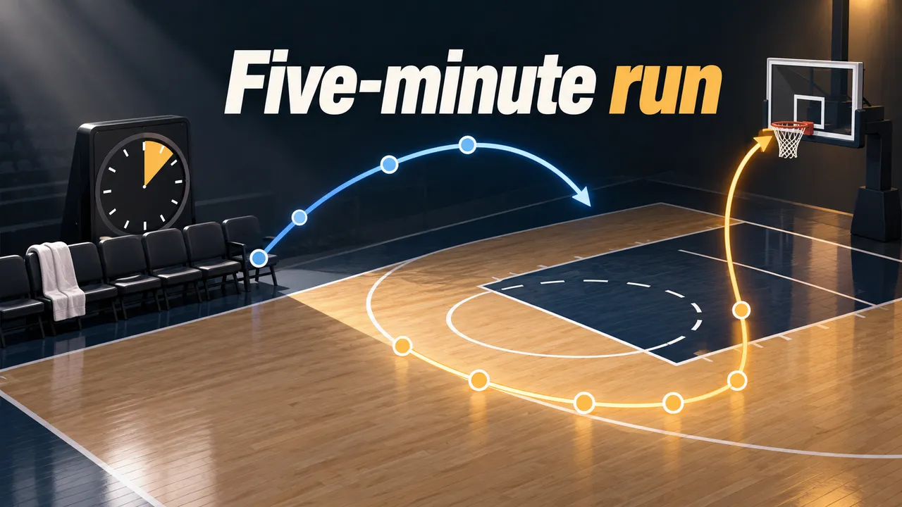 An abstract basketball court diagram with a bench-side shooting arc and a five-minute clock motif, without teams, score or players.