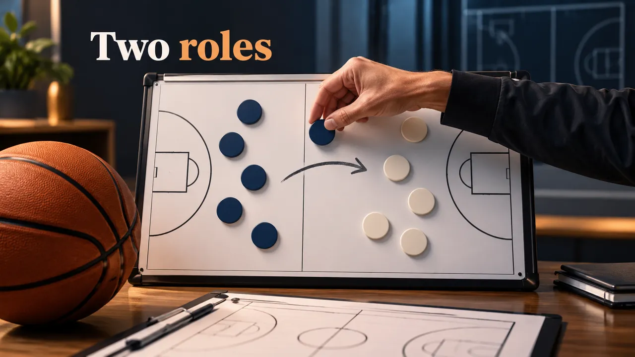 Conceptual basketball whiteboard with blue and cream roster markers, a hand moving one marker between sides, and a basketball at left; visible headline “Two roles.”