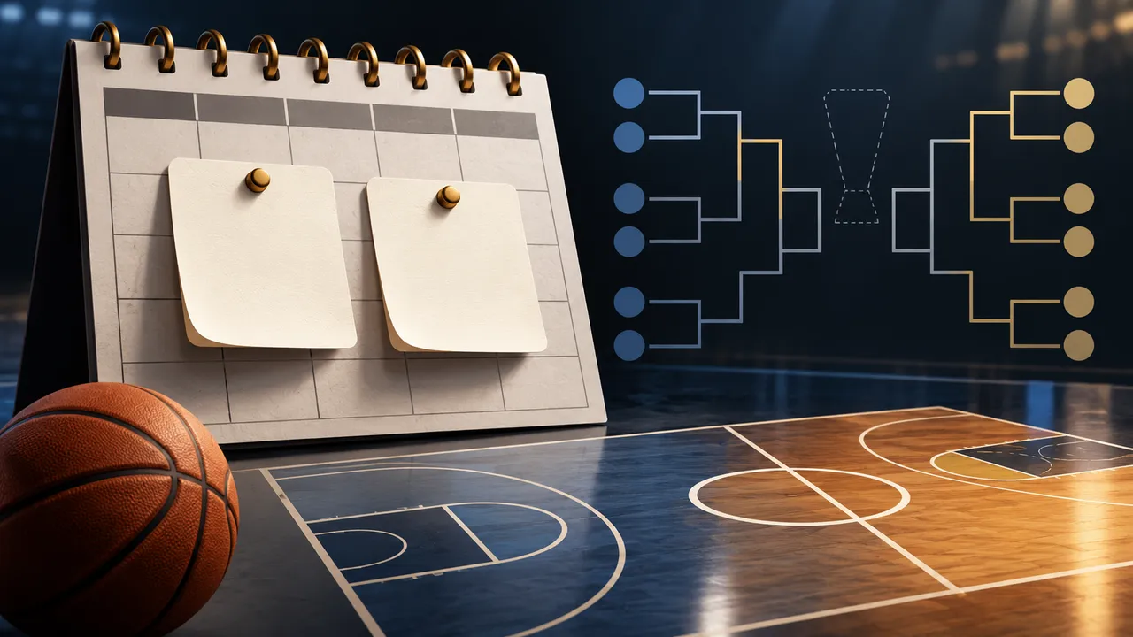 A conceptual calendar with two blank basketball dates beside a tournament bracket and neutral court markers.