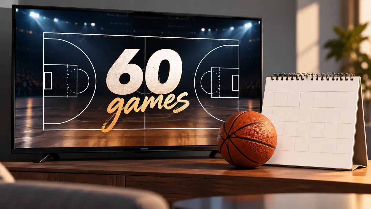 A conceptual television screen showing a basketball court outline beside a calendar page with unmarked game slots.