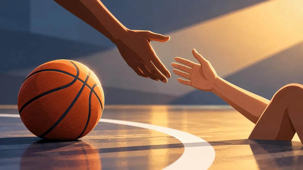 A conceptual editorial illustration of a basketball placed beside a simple fair-play court line and a hand offered to an opponent, without player likeness or team logo.