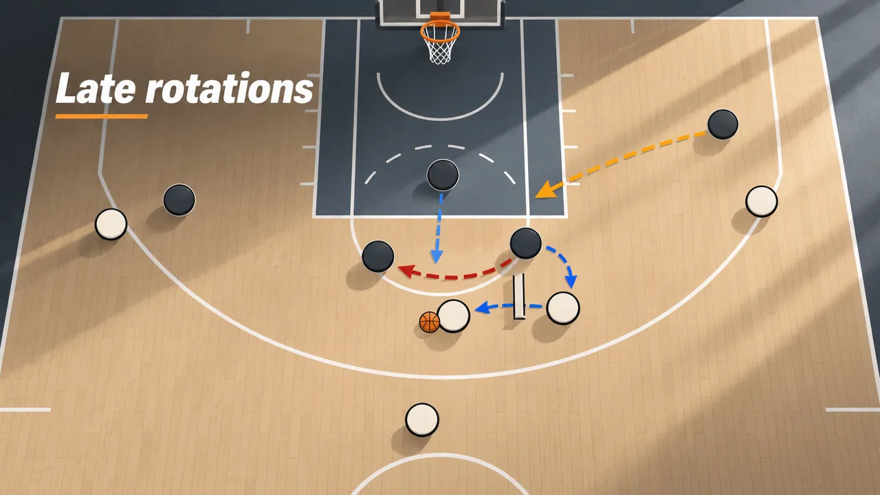 An overhead court diagram shows neutral player markers, a ball and dashed passing and rotation arrows beneath the visible words Late rotations; no team marks or score appear.
