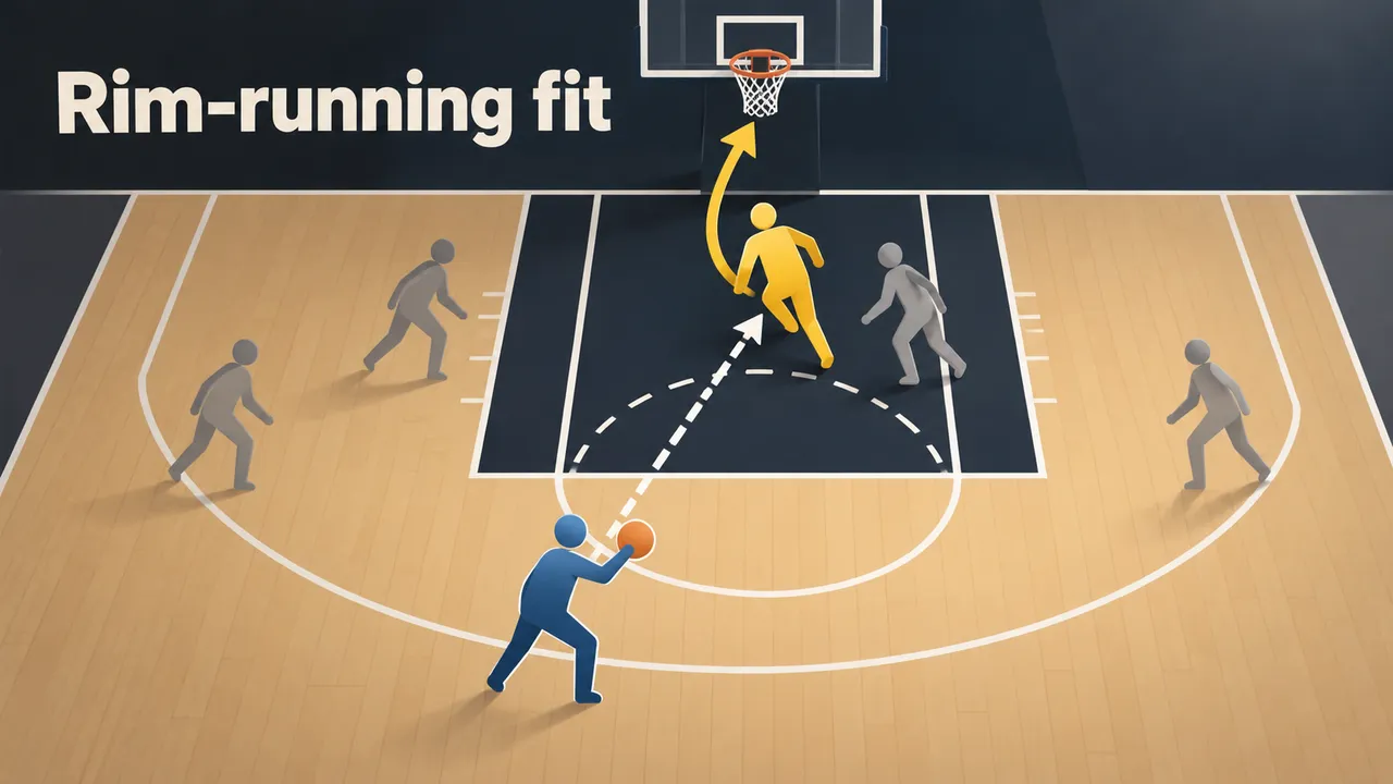 The readable headline “Rim-running fit” sits over a conceptual half-court drawing, with a blue passer sending the ball toward a yellow cutter at the rim and gray silhouettes marking neutral defenders.