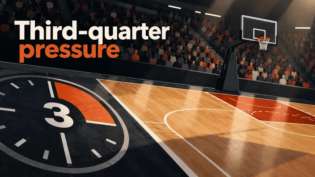 Conceptual basketball court and crowd pattern, with a large clock marked 3 and the visible headline “Third-quarter pressure”; no team marks, scores or real players.